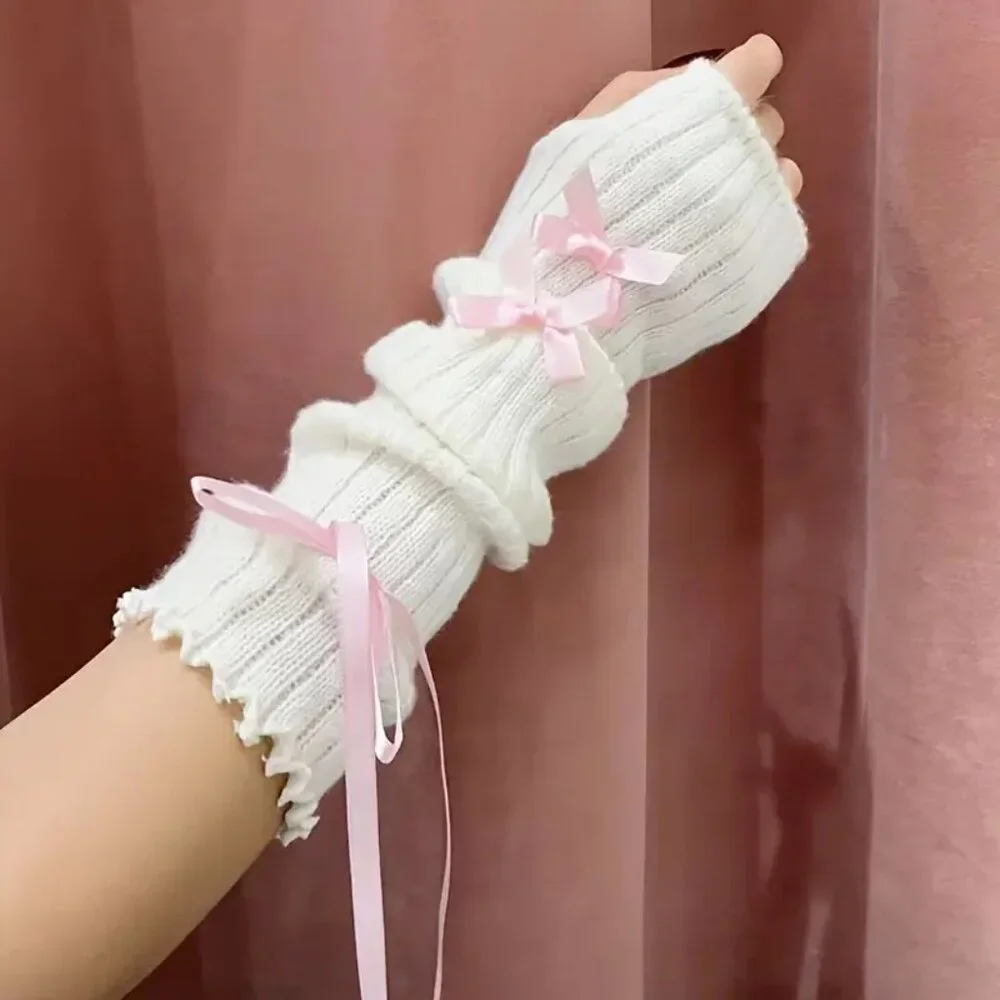 {NEW} 1 Pair White Knit Sleeve Covers with pink bow details